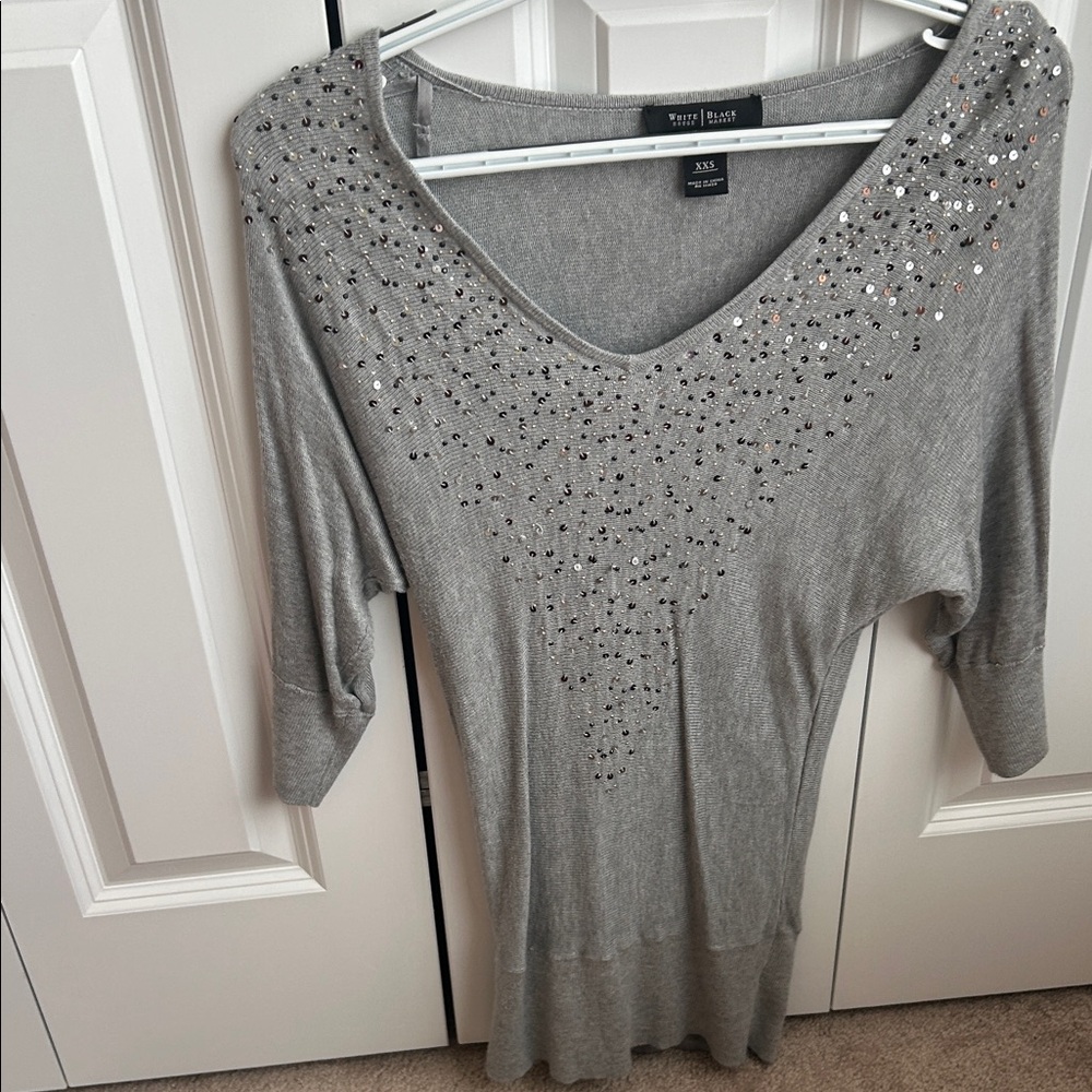 White House Black Market Gray Embellished Tunic